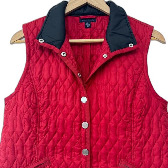 Tommy Hilfiger Womens Red Quilted Sleeveless Collared Button Down Vest size Med - Picture 2 of 12